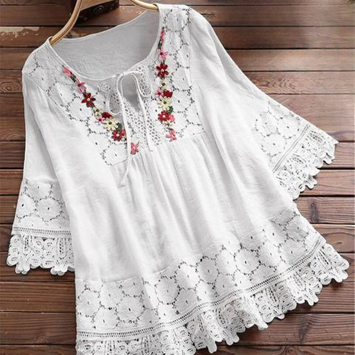 Camicia da donna in cotone con maniche a tre quarti e lacci, motivo a foro con ricamo floreale vintage Buddha Stones - Bianco - US16, UK/AU20, EU48 (5XL) - image 3