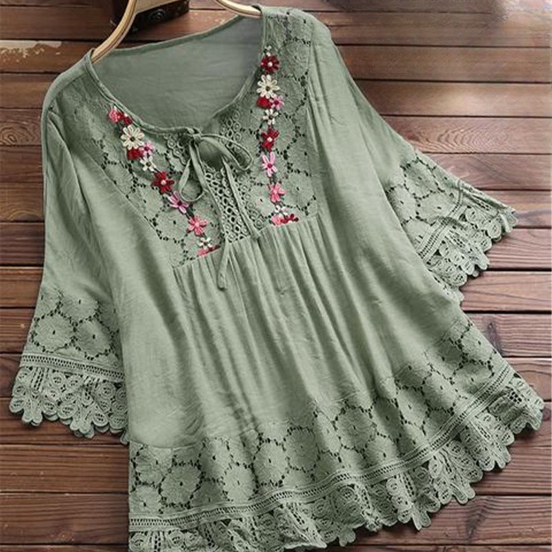 Camicia da donna in cotone con maniche a tre quarti e lacci, motivo a foro con ricamo floreale vintage Buddha Stones - Verde mare medio - US16, UK/AU20, EU48 (5XL) - image 7