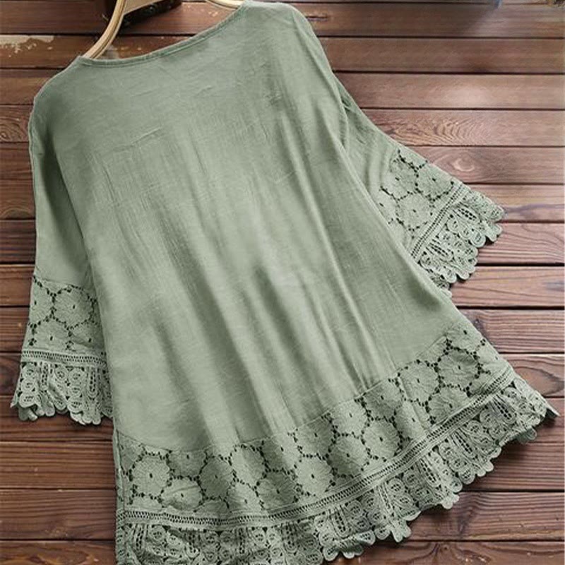 Camicia da donna in cotone con maniche a tre quarti e lacci, motivo a foro con ricamo floreale vintage Buddha Stones - image 8