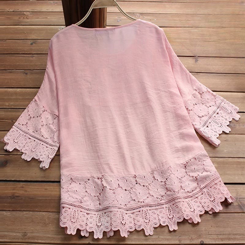 Camicia da donna in cotone con maniche a tre quarti e lacci, motivo a foro con ricamo floreale vintage Buddha Stones - image 1