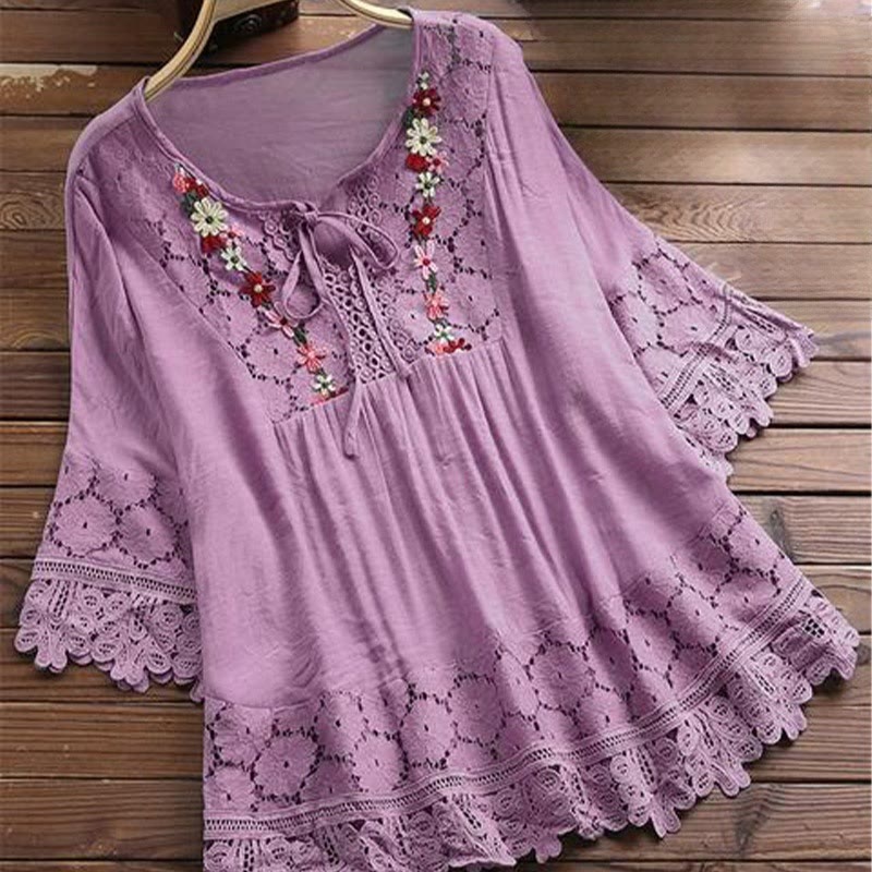 Camicia da donna in cotone con maniche a tre quarti e lacci, motivo a foro con ricamo floreale vintage Buddha Stones - Orchidea - US16, UK/AU20, EU48 (5XL) - image 5