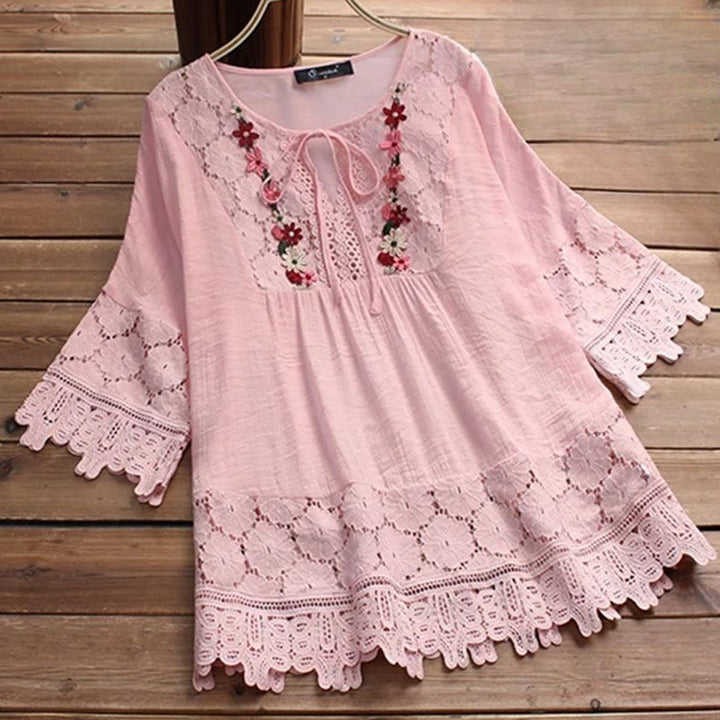 Camicia da donna in cotone con maniche a tre quarti e lacci, motivo a foro con ricamo floreale vintage Buddha Stones - Rosa chiaro - US16, UK/AU20, EU48 (5XL) - image 0