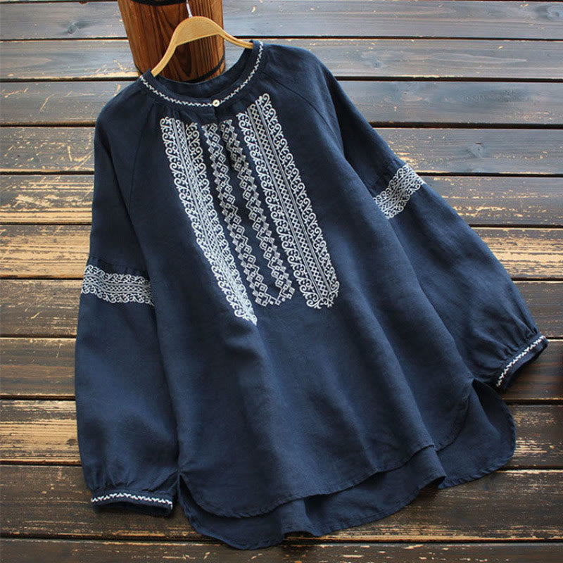 Maglietta da donna a maniche lunghe con scollo rotondo e ricamo etnico con Buddha Stones e motivo bohémien - Marina - US16, UK/AU20, EU48 (5XL) - image 8
