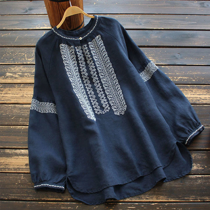 Maglietta da donna a maniche lunghe con scollo rotondo e ricamo etnico con Buddha Stones e motivo bohémien - Marina - US16, UK/AU20, EU48 (5XL) - image 8