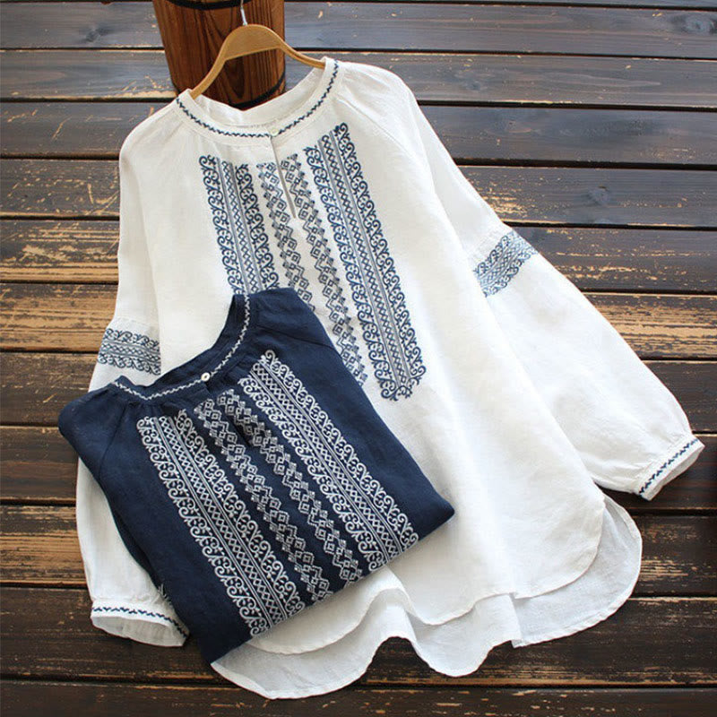 Maglietta da donna a maniche lunghe con scollo rotondo e ricamo etnico con Buddha Stones e motivo bohémien - image 13