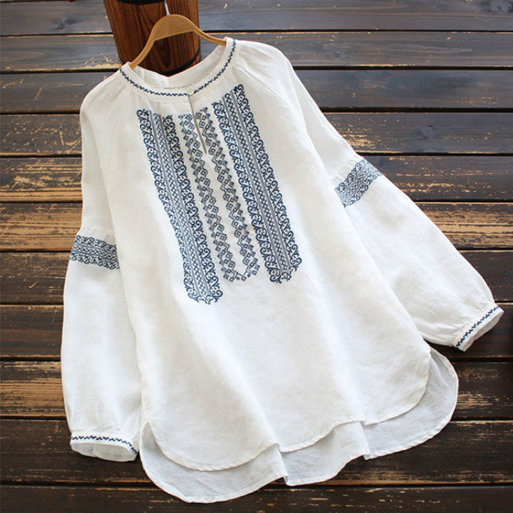 Maglietta da donna a maniche lunghe con scollo rotondo e ricamo etnico con Buddha Stones e motivo bohémien - Bianco - US16, UK/AU20, EU48 (5XL) - image 1