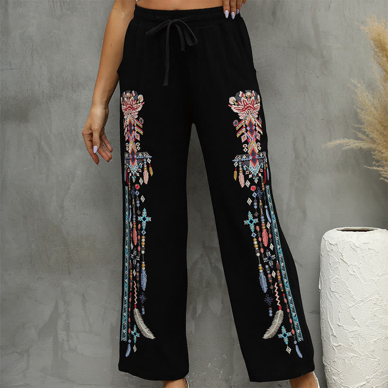 Buddha Stones Pantaloni da donna in lino e cotone con coulisse, con tasche, in stile casual etnico, neri - image 4