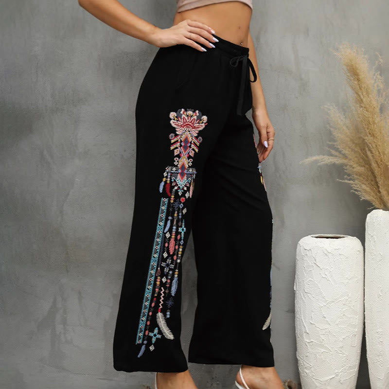 Buddha Stones Pantaloni da donna in lino e cotone con coulisse, con tasche, in stile casual etnico, neri - image 3
