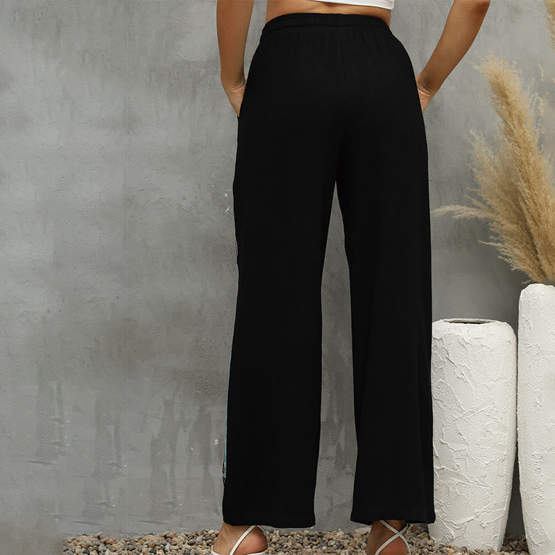 Buddha Stones Pantaloni da donna in lino e cotone con coulisse, con tasche, in stile casual etnico, neri - image 2