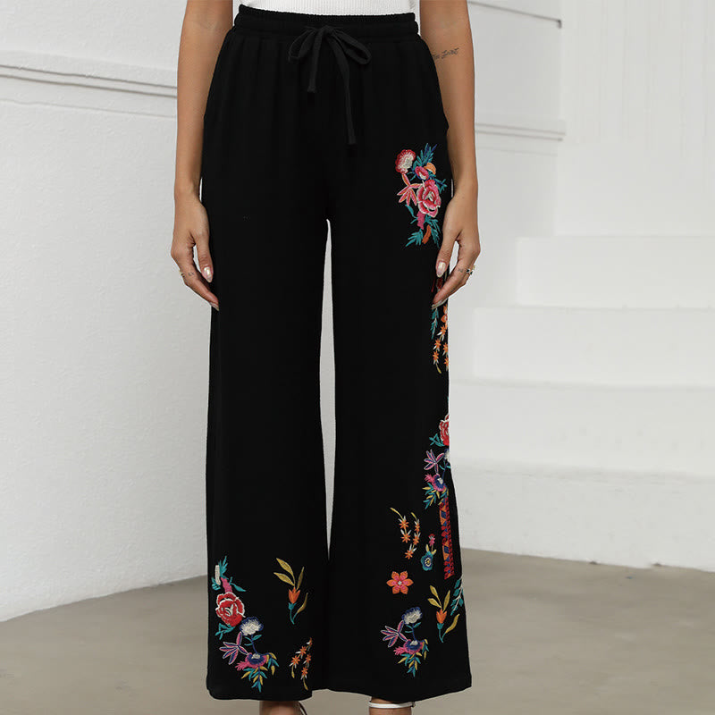 Buddha Stones Pantaloni da donna in cotone e lino con coulisse, con tasche, in tinta unita, con ricamo etnico estivo nero - image 1