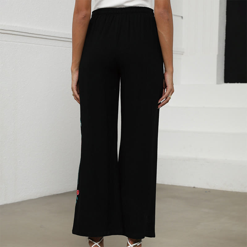 Buddha Stones Pantaloni da donna in cotone e lino con coulisse, con tasche, in tinta unita, con ricamo etnico estivo nero - image 3