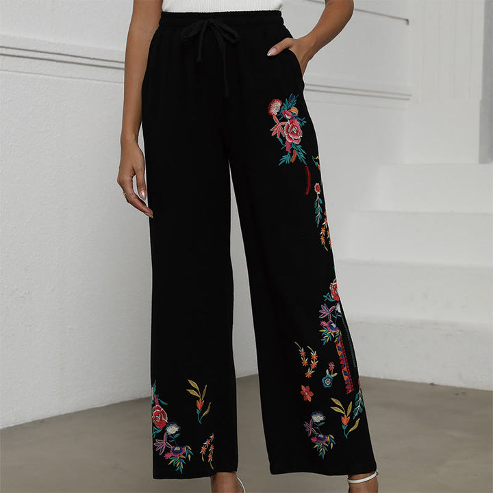 Buddha Stones Pantaloni da donna in cotone e lino con coulisse, con tasche, in tinta unita, con ricamo etnico estivo nero - Nero - US16, UK/AU20, EU48 (3XL) - image 0
