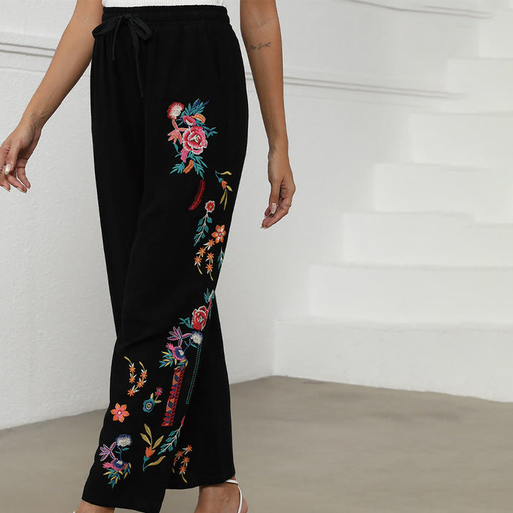 Buddha Stones Pantaloni da donna in cotone e lino con coulisse, con tasche, in tinta unita, con ricamo etnico estivo nero - image 4