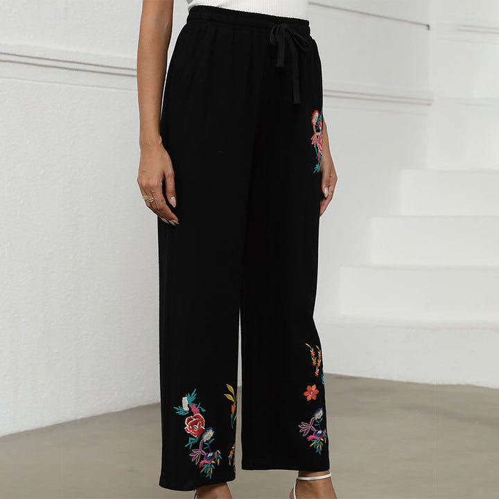 Buddha Stones Pantaloni da donna in cotone e lino con coulisse, con tasche, in tinta unita, con ricamo etnico estivo nero - image 2