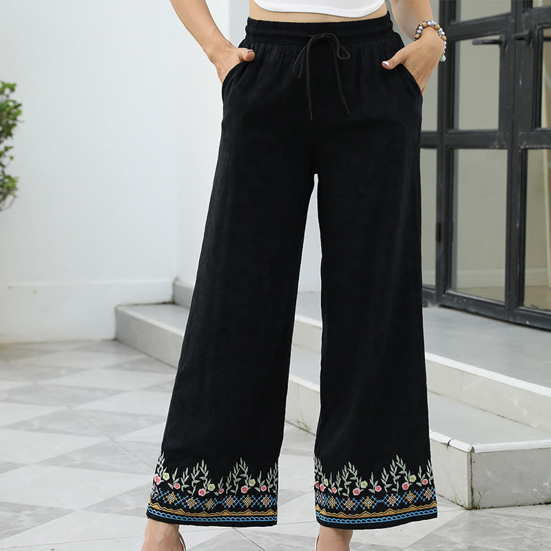 Buddha Stones Pantaloni da donna in cotone e lino con coulisse, con tasche e motivo floreale ricamato primaverile nero - Nero - US16, UK/AU20, EU48 (3XL) - image 0