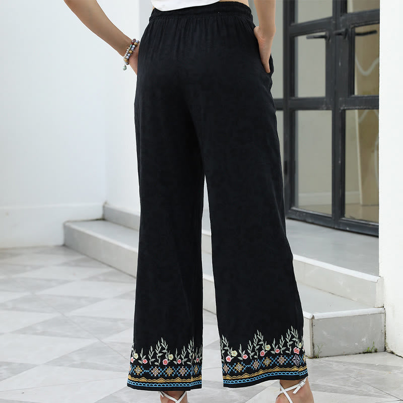 Buddha Stones Pantaloni da donna in cotone e lino con coulisse, con tasche e motivo floreale ricamato primaverile nero - image 1