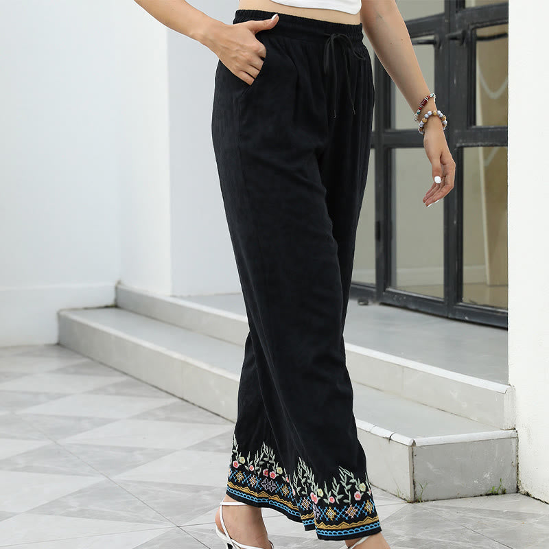 Buddha Stones Pantaloni da donna in cotone e lino con coulisse, con tasche e motivo floreale ricamato primaverile nero - image 3