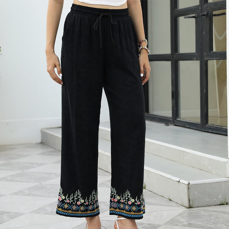 Buddha Stones Pantaloni da donna in cotone e lino con coulisse, con tasche e motivo floreale ricamato primaverile nero - image 2