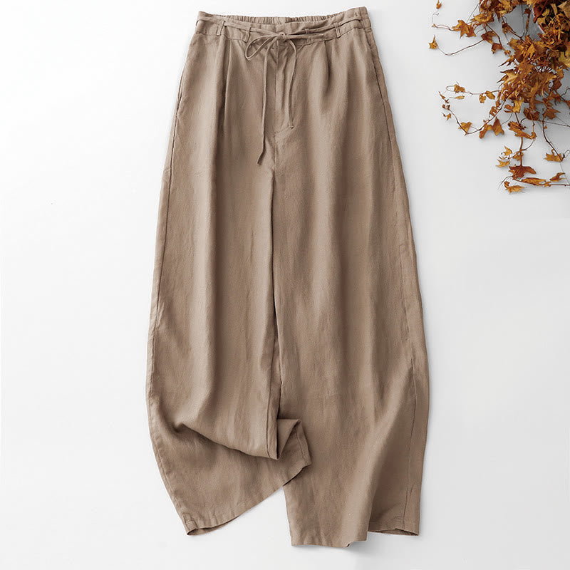 Buddha Stones Pantaloni larghi da donna in cotone e lino, con coulisse, lunghezza alla caviglia, tinta unita, estivi, con tasche e cerniera - Legno robusto - US8-10, UK/AU12-14, EU40-42 (2XL) - image 0