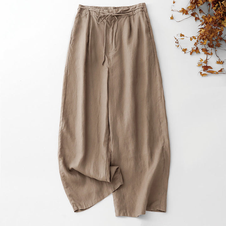 Buddha Stones Pantaloni larghi da donna in cotone e lino, con coulisse, lunghezza alla caviglia, tinta unita, estivi, con tasche e cerniera - Legno robusto - US8-10, UK/AU12-14, EU40-42 (2XL) - image 0
