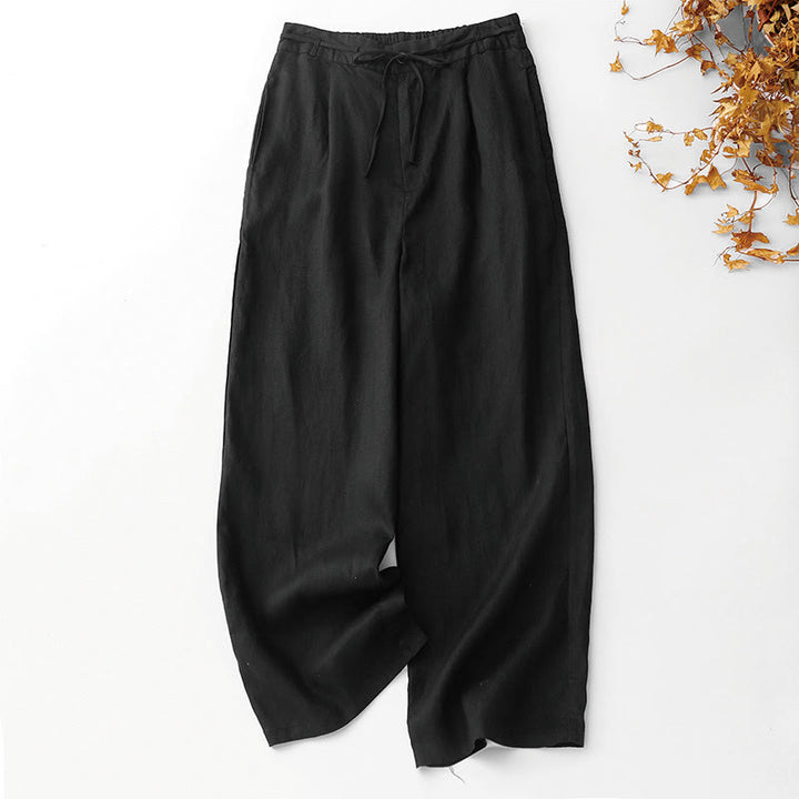 Buddha Stones Pantaloni larghi da donna in cotone e lino, con coulisse, lunghezza alla caviglia, tinta unita, estivi, con tasche e cerniera - Nero - US8-10, UK/AU12-14, EU40-42 (2XL) - image 7