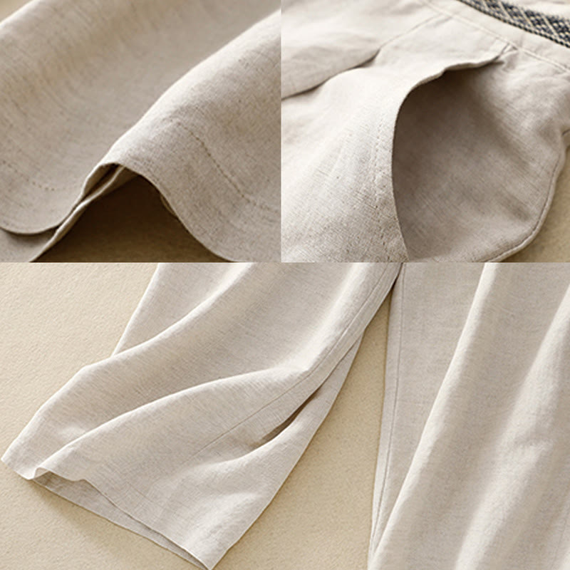 Buddha Stones Pantaloni estivi da donna in cotone e lino, a gamba larga, con tasche e cerniera, tinta unita, lunghezza 7-8 - image 9