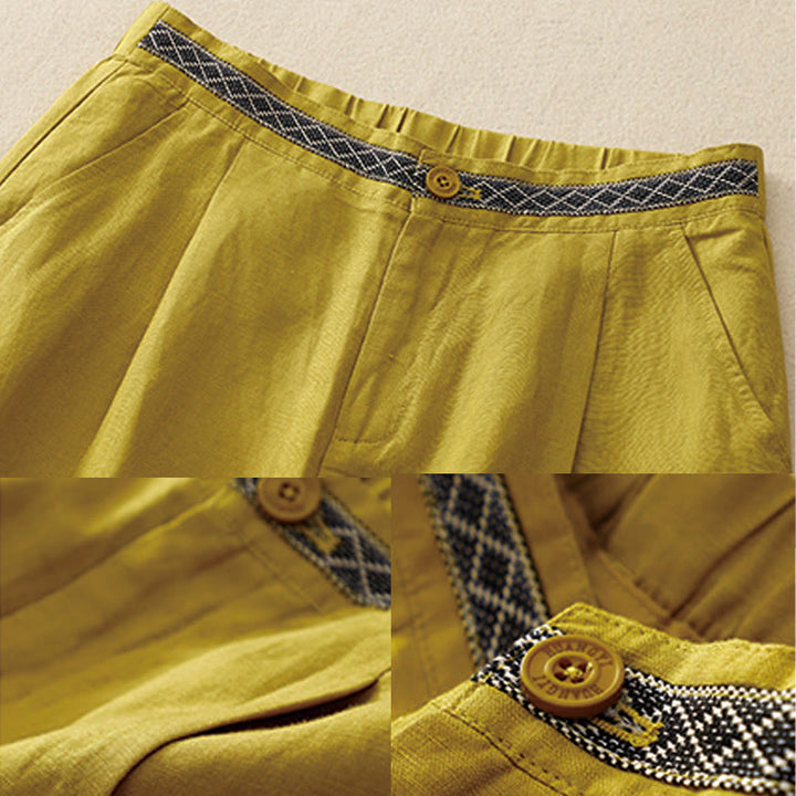 Buddha Stones Pantaloni estivi da donna in cotone e lino, a gamba larga, con tasche e cerniera, tinta unita, lunghezza 7-8 - image 3