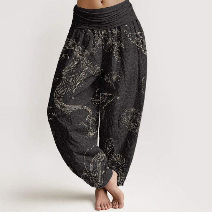 Pantaloni harem da donna con elastico in vita e motivo floreale in cotone con pesci koi Buddha Stones - Nero - US22, UK/AU26, EU54 (6XL) - image 0