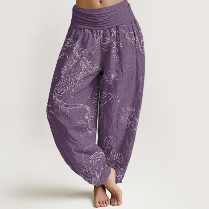 Pantaloni harem da donna con elastico in vita e motivo floreale in cotone con pesci koi Buddha Stones - Viola medio - US22, UK/AU26, EU54 (6XL) - image 4