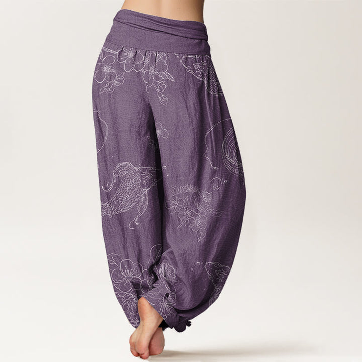 Pantaloni harem da donna con elastico in vita e motivo floreale in cotone con pesci koi Buddha Stones - image 6