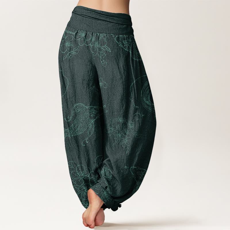 Pantaloni harem da donna con elastico in vita e motivo floreale in cotone con pesci koi Buddha Stones - image 7
