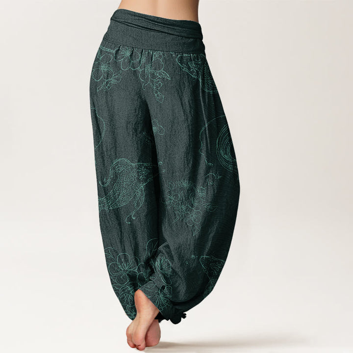 Pantaloni harem da donna con elastico in vita e motivo floreale in cotone con pesci koi Buddha Stones - image 7