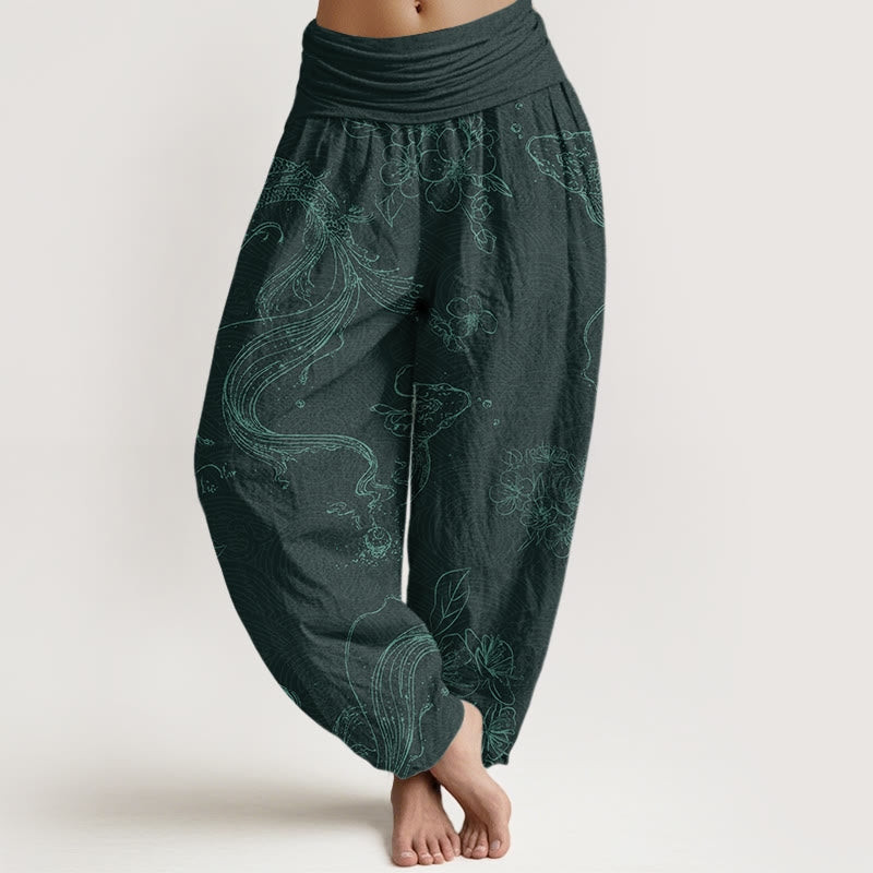 Pantaloni harem da donna con elastico in vita e motivo floreale in cotone con pesci koi Buddha Stones - Ciano scuro - US22, UK/AU26, EU54 (6XL) - image 7