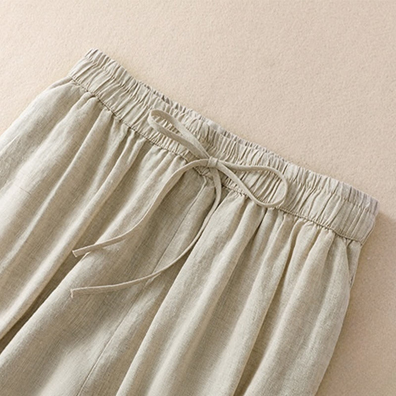 Pantaloni harem da donna in lino di cotone con coulisse e bottoni a rana, con tasche, di colore puro, Buddha Stones