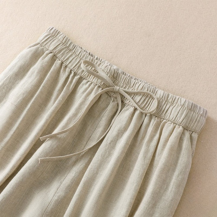 Pantaloni harem da donna in lino di cotone con coulisse e bottoni a rana, con tasche, di colore puro, Buddha Stones