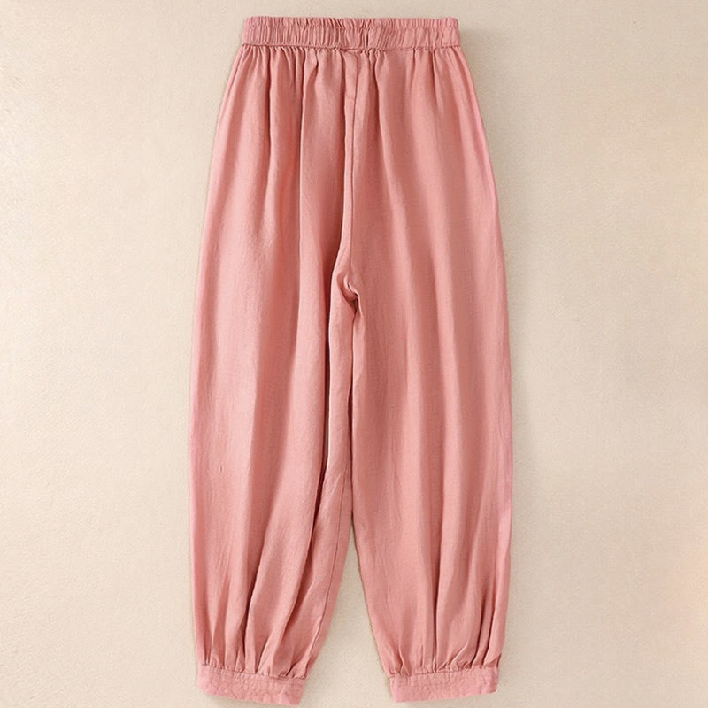Pantaloni harem da donna in lino di cotone con coulisse e bottoni a rana, con tasche, di colore puro, Buddha Stones