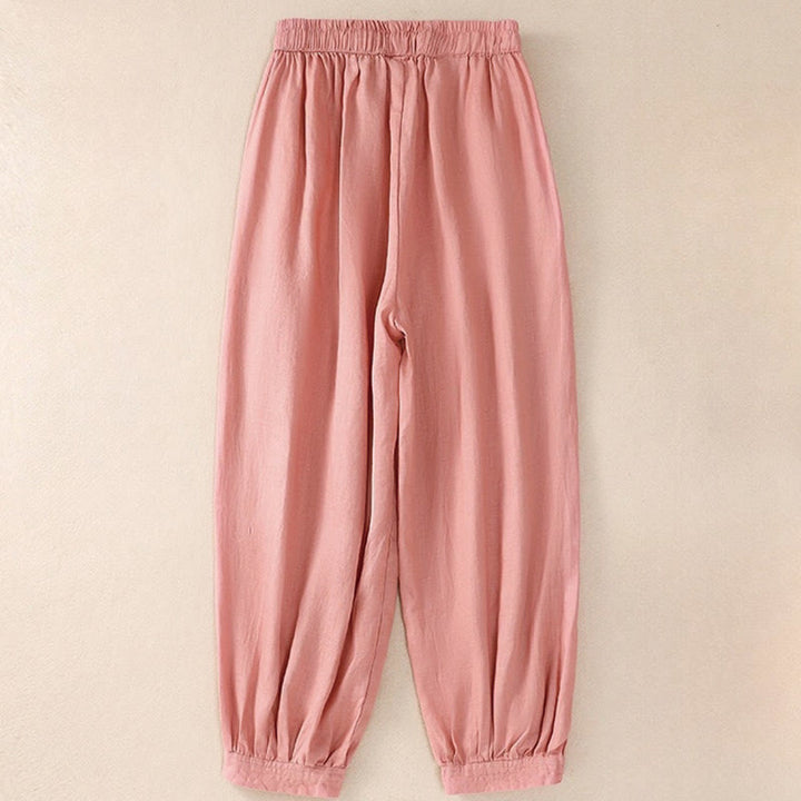 Pantaloni harem da donna in lino di cotone con coulisse e bottoni a rana, con tasche, di colore puro, Buddha Stones