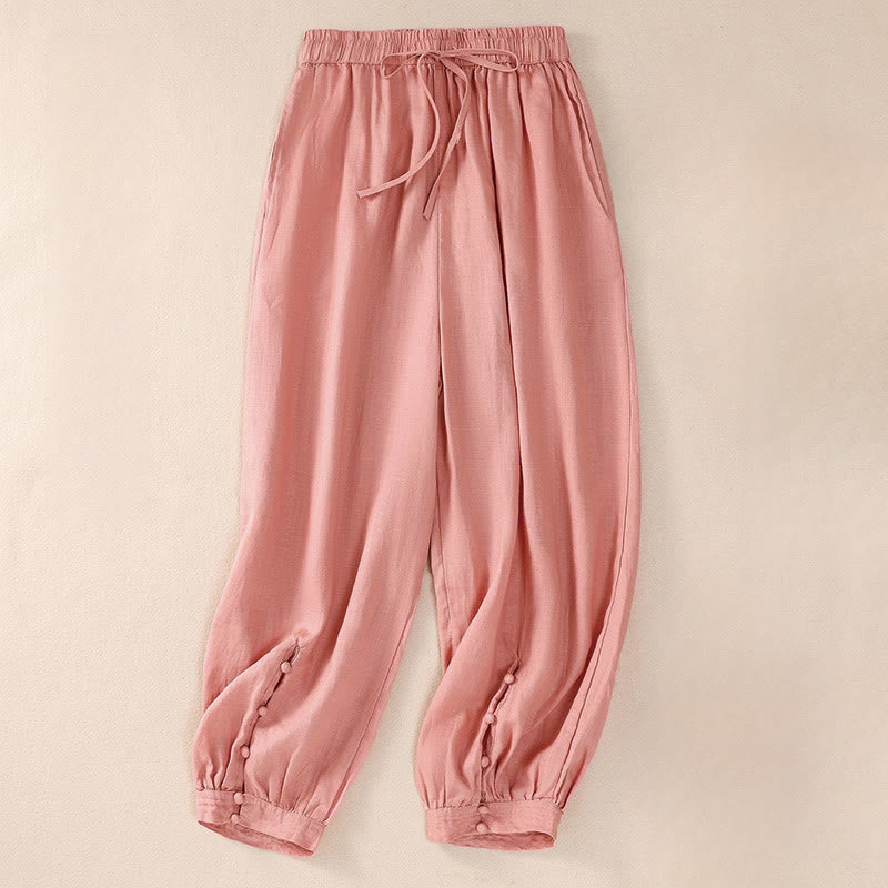Pantaloni harem da donna in lino di cotone con coulisse e bottoni a rana, con tasche, di colore puro, Buddha Stones