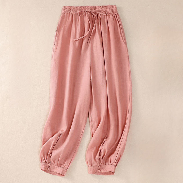 Pantaloni harem da donna in lino di cotone con coulisse e bottoni a rana, con tasche, di colore puro, Buddha Stones