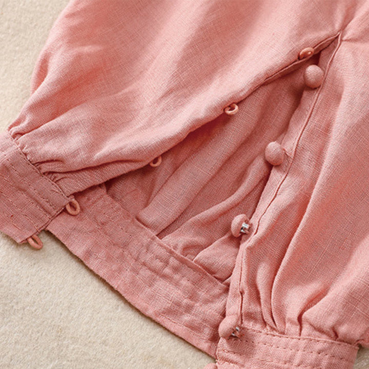 Pantaloni harem da donna in lino di cotone con coulisse e bottoni a rana, con tasche, di colore puro, Buddha Stones