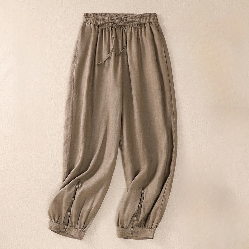 Pantaloni harem da donna in lino di cotone con coulisse e bottoni a rana, con tasche, di colore puro, Buddha Stones