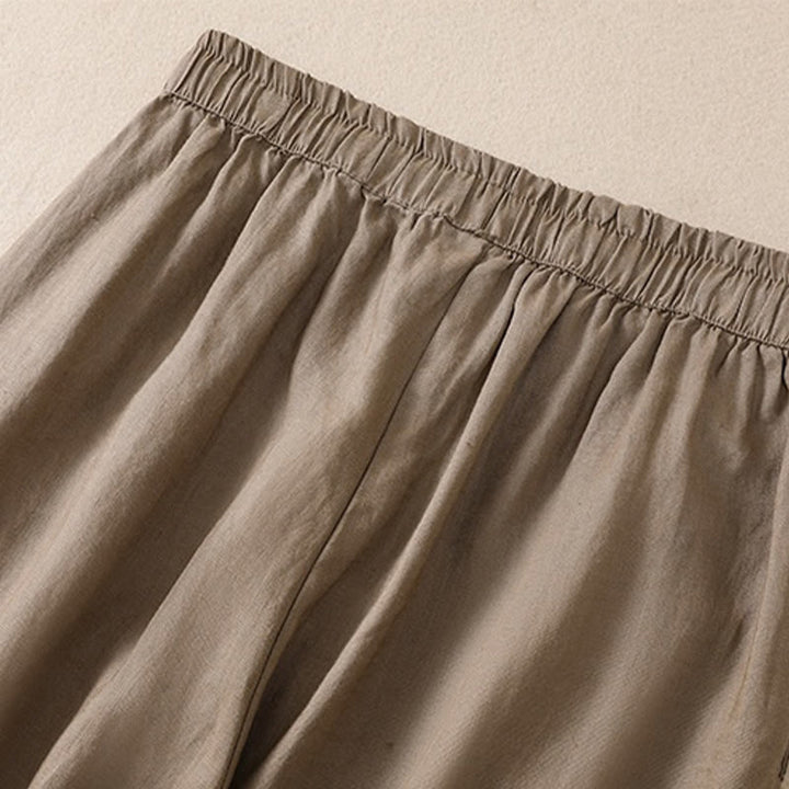 Pantaloni harem da donna in lino di cotone con coulisse e bottoni a rana, con tasche, di colore puro, Buddha Stones