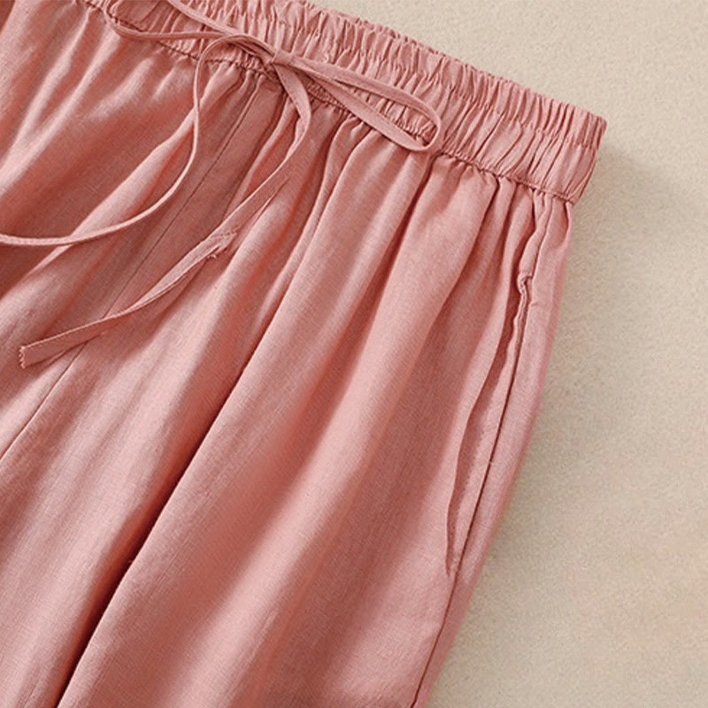 Pantaloni harem da donna in lino di cotone con coulisse e bottoni a rana, con tasche, di colore puro, Buddha Stones
