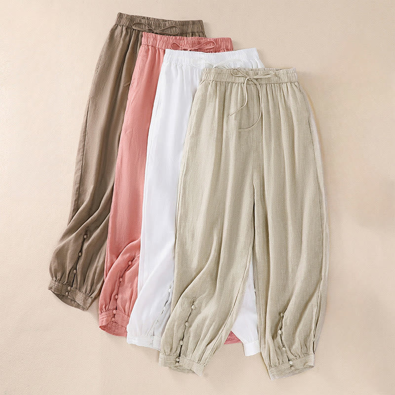 Pantaloni harem da donna in lino di cotone con coulisse e bottoni a rana, con tasche, di colore puro, Buddha Stones