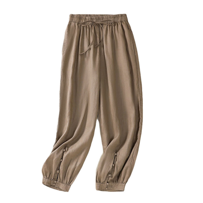 Pantaloni harem da donna in lino di cotone con coulisse e bottoni a rana, con tasche, di colore puro, Buddha Stones