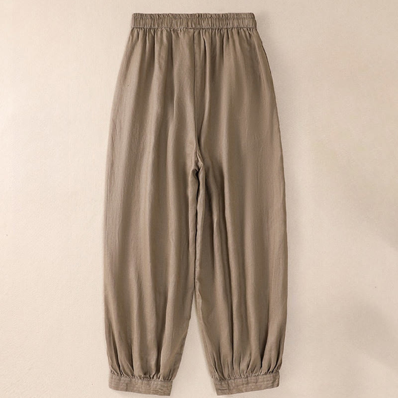 Pantaloni harem da donna in lino di cotone con coulisse e bottoni a rana, con tasche, di colore puro, Buddha Stones