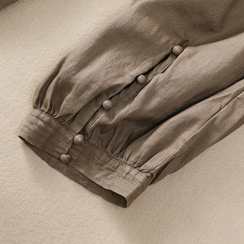 Pantaloni harem da donna in lino di cotone con coulisse e bottoni a rana, con tasche, di colore puro, Buddha Stones