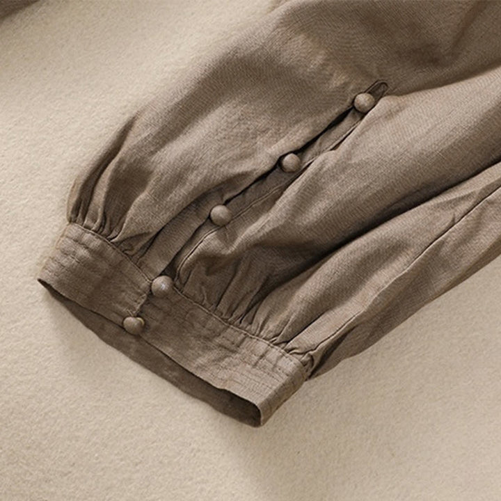 Pantaloni harem da donna in lino di cotone con coulisse e bottoni a rana, con tasche, di colore puro, Buddha Stones