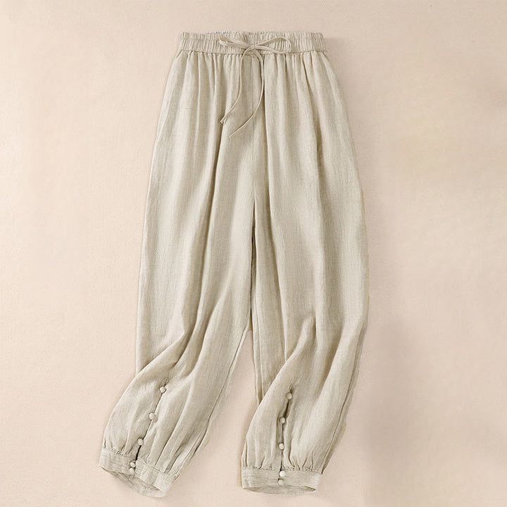 Pantaloni harem da donna in lino di cotone con coulisse e bottoni a rana, con tasche, di colore puro, Buddha Stones
