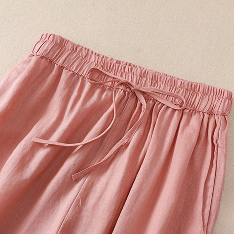 Pantaloni harem da donna in lino di cotone con coulisse e bottoni a rana, con tasche, di colore puro, Buddha Stones
